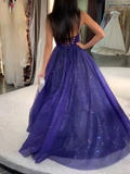 Shiny V Neck Blue Long Prom Dresses, Bling Bling Blue Long Formal Evening Dresses HZ1023