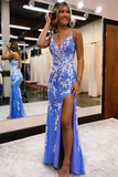 Blue printed embroidered lace V neck long slit ball gown evening dress HZ1023