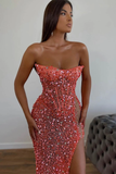 Pink Luxury Glitter Off-shoulder Sleeveless Long Sequins Mermaid Sexy Side Slit Prom Gown Evening Dress Formal Party Dress HZ1023