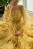 Yellow pretty fairy elegant exquisite beading A-line long sleeve long tulle ball gown evening dress HZ1023