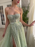 Green tulle sequins prom dress Formal Couture Dress HZ1023