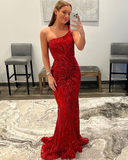 Red Sequin Mermaid One Shoulder Prom Dress HZ1023