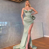 Elegant Dusty Sage Spaghetti Straps Mermaid Prom Dress With Slit HZ1023
