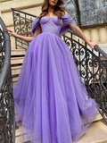 Purple off shoulder tulle long prom dress, A line tulle formal dress HZ1023