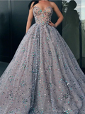 Princess Strapless Sweetheart Beads Ball Gown Rhinestone Prom Dress with Long Sparkly HZ1023