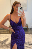 Women's Spaghetti Straps Purple Sequins Sparkly Prom Dress with Slit HZ1023