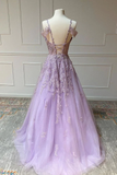 V Neck Off Shoulder Long Lilac Lace Prom Dress, Off Shoulder Purple Lace Formal Graduation Evening Dress HZ1023