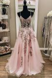 V Neck Backless Pink Lace Long Prom Dress, Long Pink Lace Formal Evening Dress HZ1023