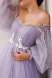 Lavender Off-the-Shoulder A-line Long Tulle Dress HZ1023