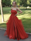 Strapless Red Tulle Long Prom Dresses, Red Tulle Long Formal Evening Dresses HZ1023