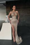 HALTER SEQUINS MERMAID PROM DRESS SLEEVELESS WITH SLIT HZ1023