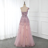 One Shoulder Tulle Sleeveless Long Prom Dresses Lace Appliques Beaded Formal Girl Party Gown HZ1023