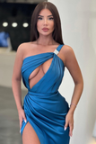 Gorgeous Ocean Blue Prom Dress Mermaid Long With Slit One Shoulder HZ1023