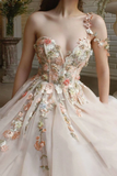 Elegant One Shoulder Champagne Prom Dresses with Flower, One Shoulder Champagne Floral Formal Evening Dresses HZ1023