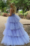 Glitter Hi-Low Lavender Tiered Tulle Prom Dress HZ1023