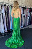Green Sequin V-Neck Lace-Up Back Mermaid Prom Gown HZ1023