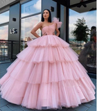 Charming Ball Gown Tulle Pink One Shoulder Long Prom Dresses, Quinceanera Dresses HZ1023