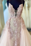 Spaghetti Straps Beads Appliques V Neck Pink Prom Dresses with Detachable Train HZ1023