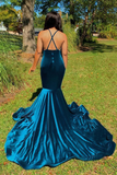 Mermaid Deep V Neck Backless Embroidery Blue Prom Dress HZ1023
