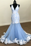 Mermaid V-Neck Lace Appliques Sky Blue Prom Dress HZ1023