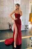 Burgundy High Split Sparkle Evening Dresses Long Strapless Prom Dress HZ1023