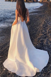 V Neck Open Back White Long Prom Dress with High Slit, V Neck White Formal Graduation Evening Dress HZ1023