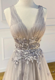 Gray tulle lace long prom dress evening dress HZ1023