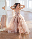 STYLISH V NECK TULLE LACE LONG PROM DRESS, FORMAL DRESS HZ1023