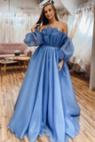 Strapless Blue Tulle Long Prom Dresses with Belt, Long Blue Formal Dresses, Blue Evening Dresses HZ1023