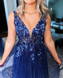 A-Line V-Neck Sleeveless Tulle Long Prom Dresses With Appliques HZ1023