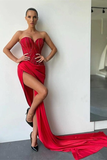 Classic Red Sweetheart Mermaid Prom Dress Split Long With Beadings HZ1023