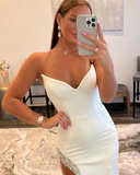 Satin Mermaid White Prom Dress with Beading Side Slit HZ1023