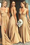 Gold V Neck Long Bridesmaid Dress with Slit HZ1023