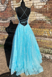 Blue Shiny A-line Long Formal Dress with Lace Up Back HZ1023