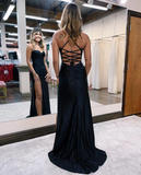 Charming Mermaid Sweetheart Straps Black Satin Prom Dresses with Slit HZ1023