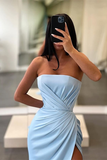 Light Blue Long Mermaid Evening Dress Strapless Split HZ1023