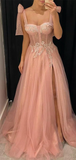 Aline Pink Modest Sleeveless Long Prom Dresses, Evening Dress With Split HZ1023