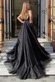 Shiny Tulle V Neck Open Back Black Long Prom Dresses with High Slit, Sparkly Black Tulle Formal Graduation Evening Dresses HZ1023