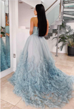 Elegant Dusty Blue Strapless Ruffles Long Prom Dress HZ1023
