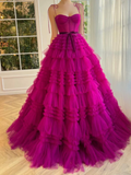 A Line Strapless Fuchsia Tiered Long Tulle Prom Dress HZ1023