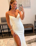Satin Mermaid White Prom Dress with Beading Side Slit HZ1023