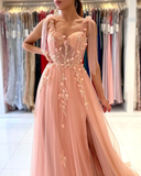 Pink charming heart-shaped sling tulle slit long evening dress HZ1023