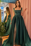 Modest Green A-Line Square Neckline Straps Prom Dresses with Slit HZ1023