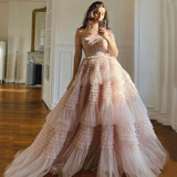 Princess A line Off Shoulder Ruffled Tulle Prom Dress HZ1023