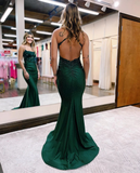 Dark green shiny glamorous mermaid slim round neck long satin prom dress evening gown party dress with beading HZ1023