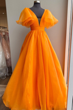 Orange A-line Long Formal Dress with Flutter Sleeves HZ1023