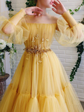 Yellow pretty fairy elegant exquisite beading A-line long sleeve long tulle ball gown evening dress HZ1023