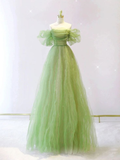 Green A line tulle long prom dress, green tulle formal evening dress HZ1023