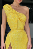 Amazing Yellow One Shoulder Sequins evening Dress Mermaid With Slit HZ1023