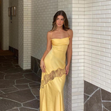 Yellow new lace spaghetti straps sexy backless mid-length elegant satin prom dress evening dress party dress HZ1023